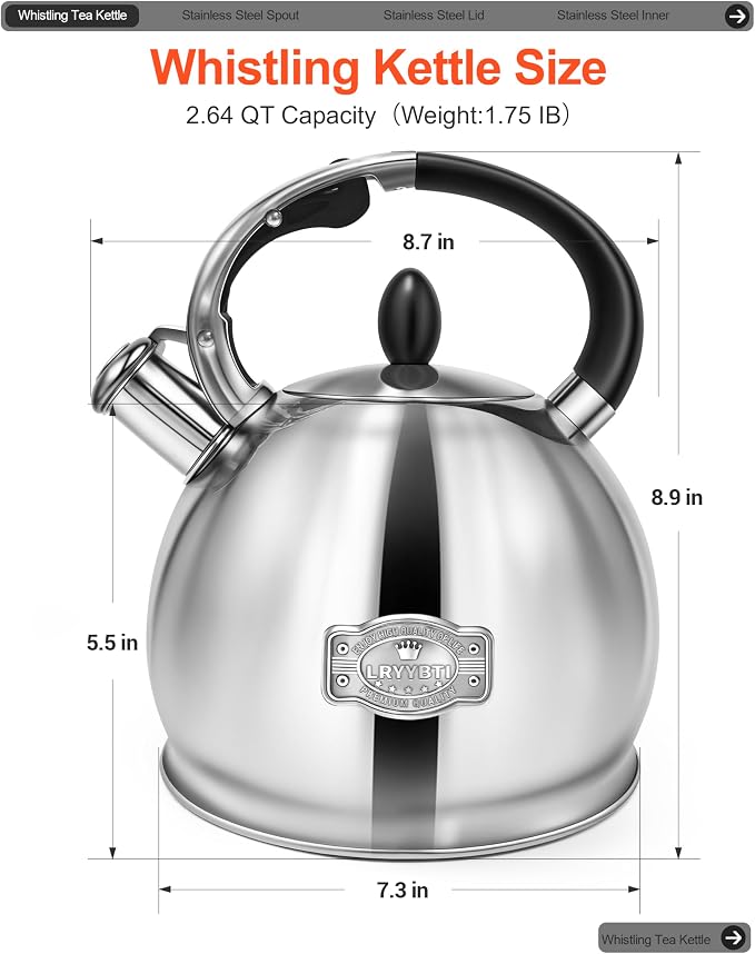 Whistling Tea Kettle for Stovetop, (2.64 Quart-Mirror） Food Grade Stainless Steel Teapot of 5-layer base