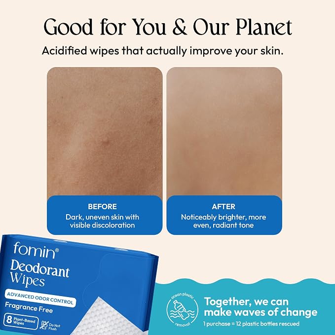 FOMIN Acidified Travel Deodorant Mini Wipes For Women & Men- Fragrance Free - 72 Count - pH Balanced, Biodegradeable Mini Deodorant Travel Size Wipes - Plastic-Free, Underarm Body Wipes