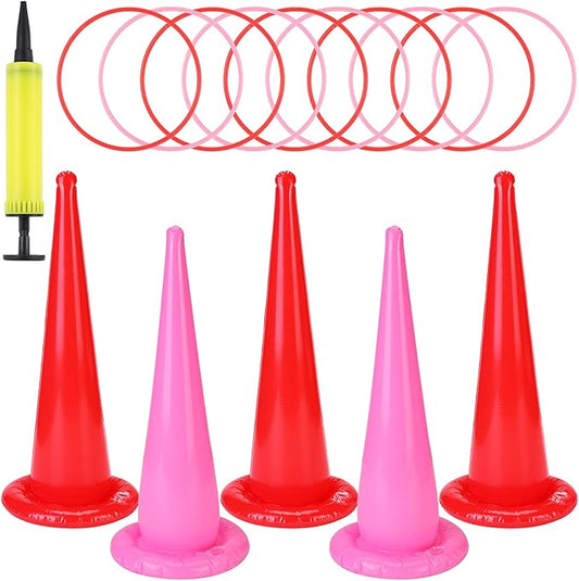 RoundFunny 16 Pcs Pink Ring Toss Game Set Wedding Party Games with Inflatable Ring Toss and Pump Indoor Outdoor Garden Game Supplies for Home Family Carnival Party Decorations