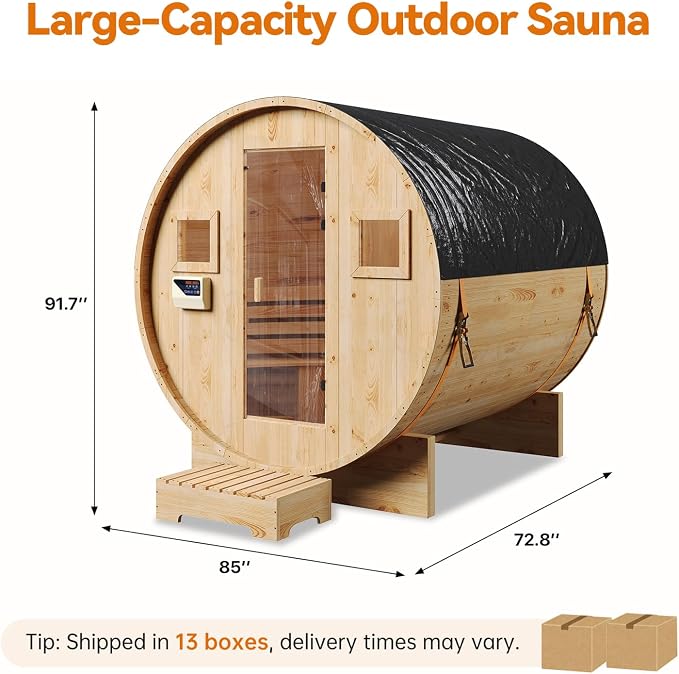 Large Capacity Outdoor Wooden Traditional Barrel Sauna for 4-6 Person Steam & Dry Heat Sauna with 6KW Heater, Sauna Stones, Thermometer – Spacious Bucket-Style Design for Backyard & Family Gatherings