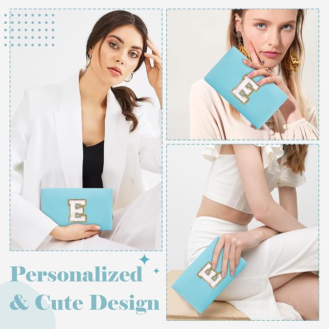 Small Personalized Initial A-Z Preppy Patch Makeup Bag,PU Chenille Letter Travel Cosmetic Pouch with Zipper,Blue Cute Toiletry Bag,Gift Ideal for Teen Girls Women Teacher Bridesmaid,Letter E