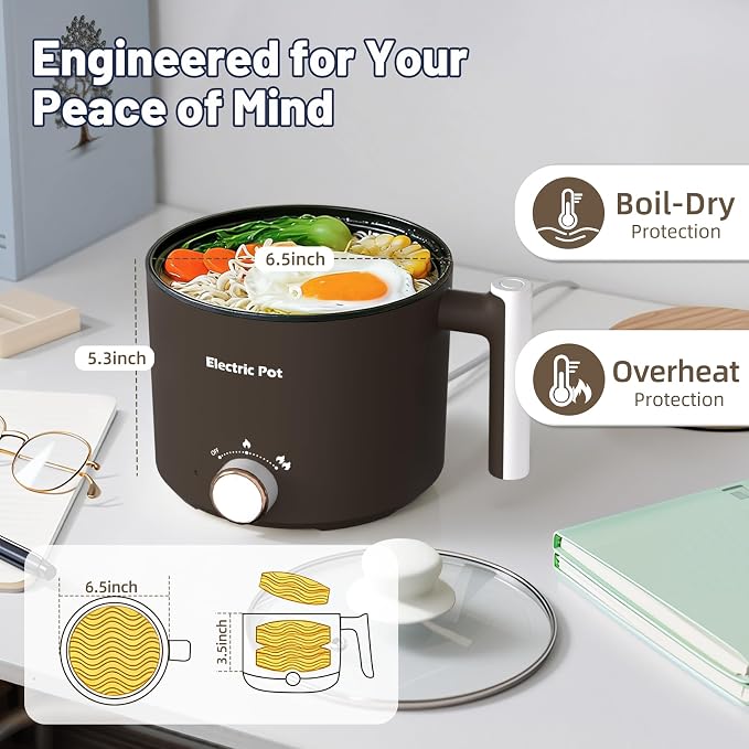 Electric Hot Pot 1.5L Nonstick Ramen Cooker for One-Person | Dual Power Setting for Hot Pot, Pasta/Soup/Oatmeal/Egg, Portable for Dorm/Travel, Overheat & Boil-Dry Protection(Brown, 1.5L)