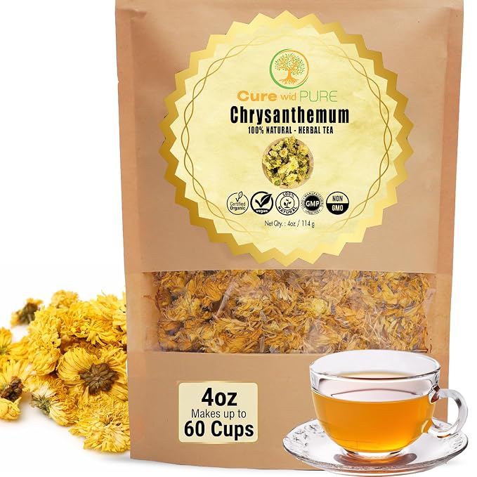 Cure Wid Pure | Top Grade Dried Chrysanthemum Flowers 4oz | Hand-Picked & Sun-Dried Organic Chrysanthemum Tea Loose Leaf from Pakistan | Non-GMO Caffeine Free Herbal Tea Supports Immunity & Eye Health
