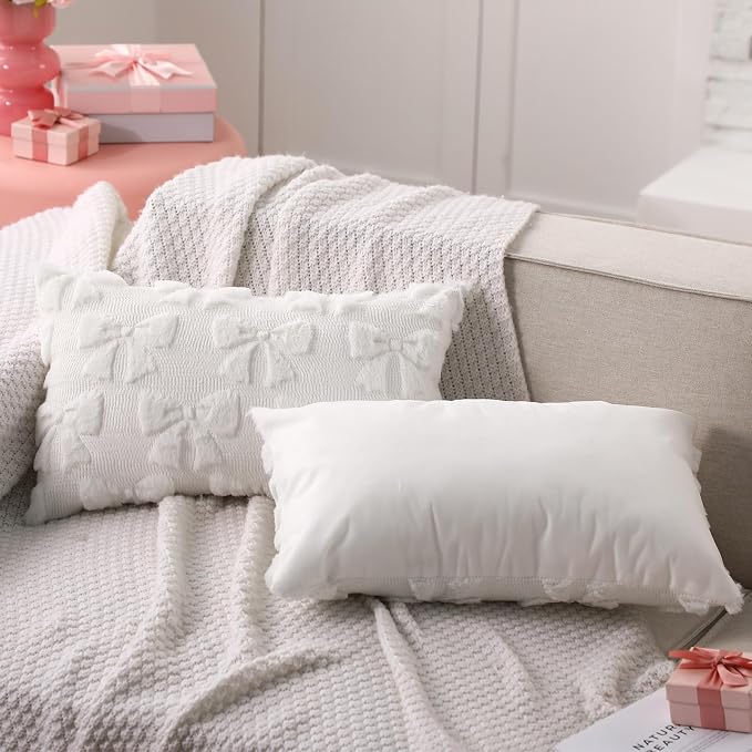 Mixweer Cream White Bow Pillow Covers Set of 2 Preppy Room Decor Coquette Cute Spring Summer Decorative Faux Fur Soft Bowknot Stuff Fluffy Plush Aesthetic Pillowcase for Bed Sofa Couch (12 x 20 Inch)