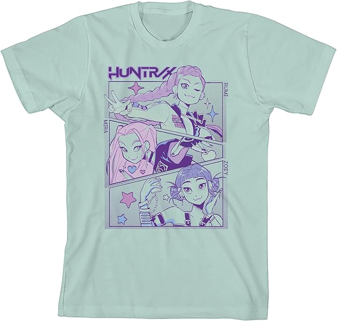 Kpop Demon Hunters Panel Art Huntrx Youth Light Green Crew Neck Short Sleeve T-Shirt