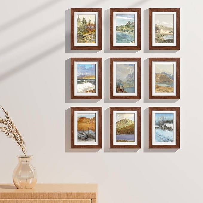 Vittanly 5x7 Picture Frames Set of 9, Wall & Tabletop, Wood Grain Brown | Display Pictures 4x6 with Mat or 5x7 without Mat, Small Photo Frames, Engineered Wood with Shatter Resistant Plexiglass