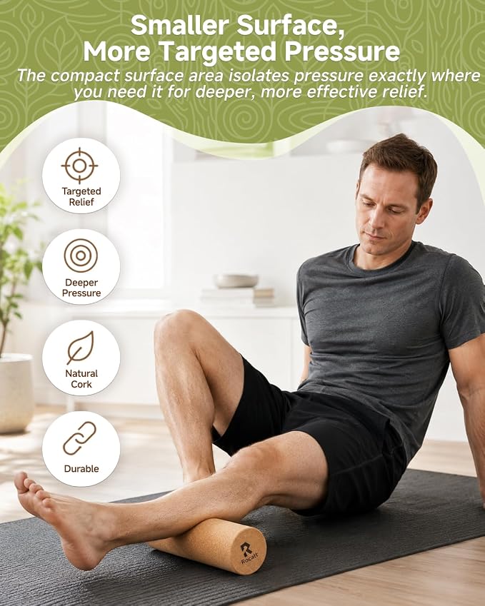 Rocalt Cork Roller 12 Inch, Firm Natural Massage Roller for Feet & Calves | Natural cork, no foam core, firm 4-inch support for targeted rolling at home, gym, yoga, Pilates, and travel