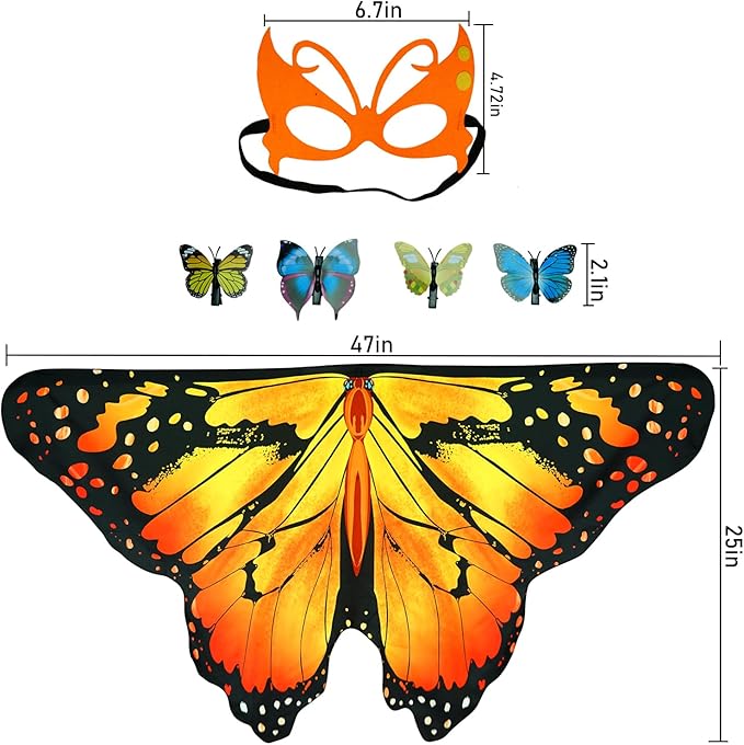 Kids Butterfly Wings Costume Girls Fairy-Wings Toddler Dress Up Play Costumes Butterfly Hair Clip Mask Party Favors (Orange Sets)