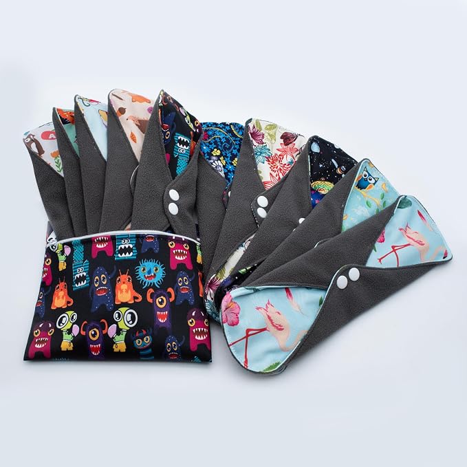 LUCKYPADS Reusable Panty Liners for Women, 10 Pcs Reusable Menstrual Pads & Cloth Pads with Wet Bag & Laundry Bag, Washable Leak-Proof Period Pads (7.5 x 7.9 Inches)
