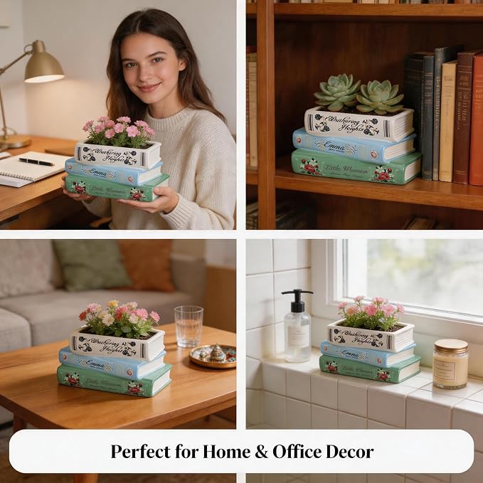 Book-Shaped Decorative Planter Pot - Unique Plant Vase & Bookshelf Desktop Office Decor for Book Lovers|Ceramic Planter with Drainage| Gift for Plant Lovers, Home Decor Enthusiasts