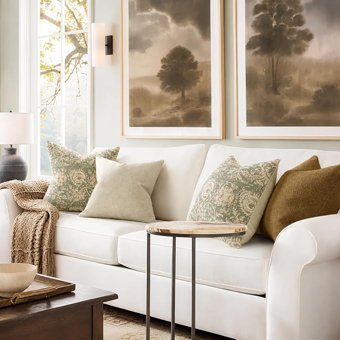 Vintage Floral Print Throw Pillow Covers 20x20 Set of 2 Neutral Modern Farmhouse Pillow Cases Accent Decorative Cushion Covers Boho Home Decor for Couch Sofa Chair Bed Living Room, Sage