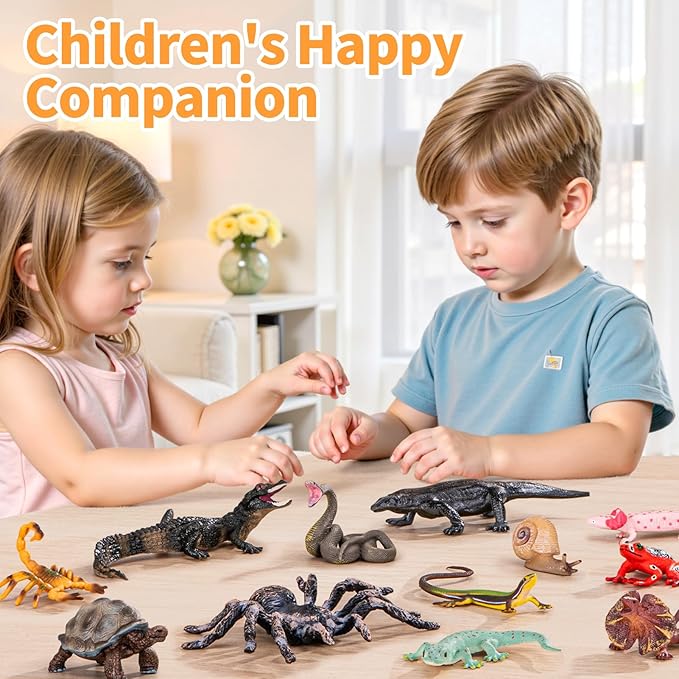 14PCS Reptile Animal Figurines Toys,Desert Amphibians Sand Toys with Axolotl,Lizard,Snake,Spider,Komodo Dragon,Alligator,Rainforest Cold Blooded Plastic Animals Figures Party Favors for Kids