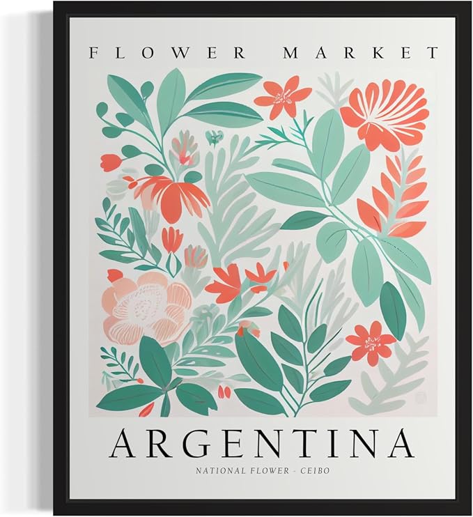Argentina, Ceibo Art Print Poster, Flower Market Wall Art, Floral Artwork Decor for Bedroom, Kitchen, Bathroom, Livingroom Decoration 52 (Argentina, Ceibo, 10"L x 8"W, Black Frame)