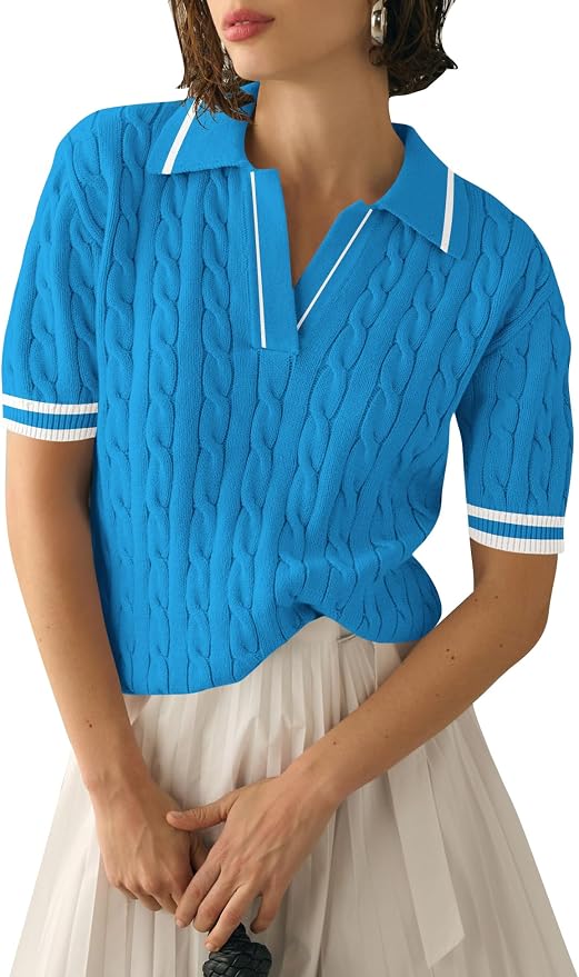 Micoson Womens Short Sleeve Sweater Tops Lapel V Neck Polo Shirts 2026 | Summer Cable Knit Loose Blouses, Business Casual Outfits