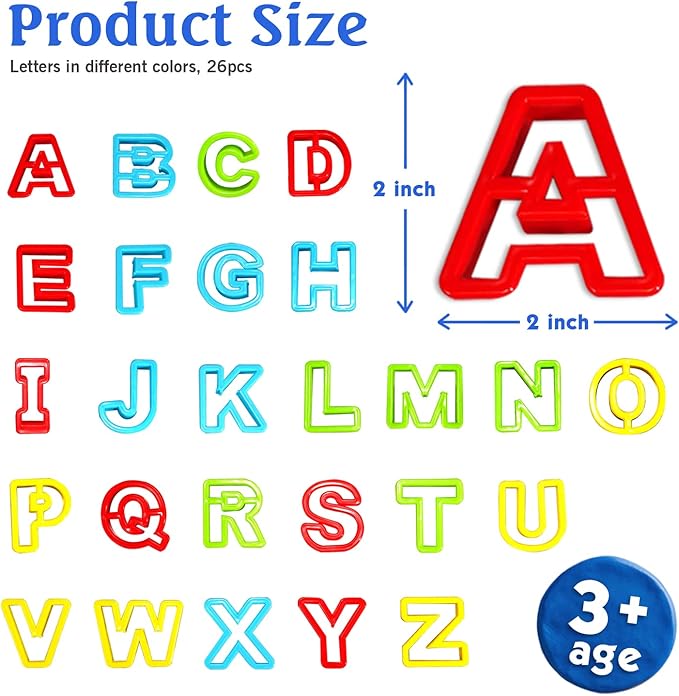 Alphabet Dough Cutter Kit with 26 Capital Letters,Clay Tools Set & Play Dough Non-Toxic Modeling 1 inch-2 inch, Assorted Colors