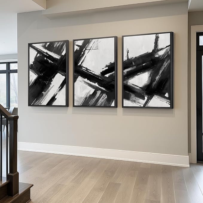 Large Framed Black and White Abstract Canvas Wall Art for Living Room, 3 Piece Modern Prints Paintings Artwork for Walls, Minimalist Abstract Brushstroke Pictures for Hallway Dining Office Wall Decor 24x36 Inch