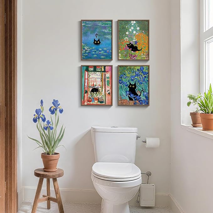 Framed Cat Bathroom Wall Art, 4 Piece Funny Cute Black Cat in Water Lilies Canvas Painting Prints Artwork, Garden Flowers Monet Cat Aesthetic Pictures for Bedroom Kitchen Living Room Home Decor, 11x14