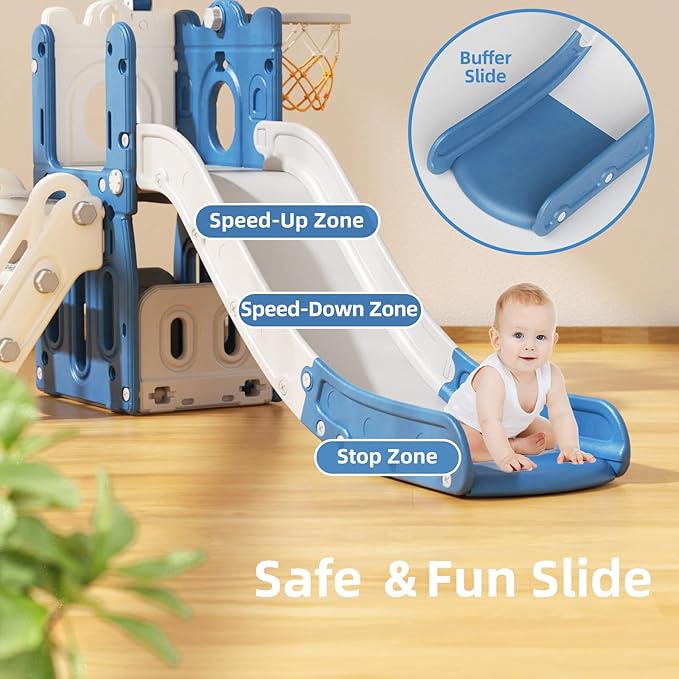 YUFU 6 in 1 Toddler Slide, Kids Climber Slide with Basketball Hoop and Ball, Indoor Outdoor Playset for Toddlers Age 1-3 (Blue Gray)