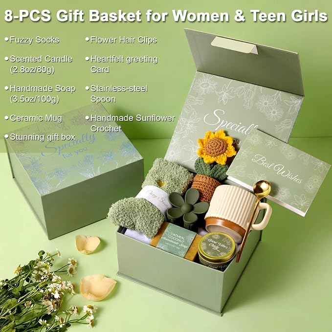 8PCS Birthday Gifts Box for Women Care Package Baskets for Women Hug in a Box Self Care Get Well Soon Gift Set for Mom Wife Girlfriend Sister Friends (Green)