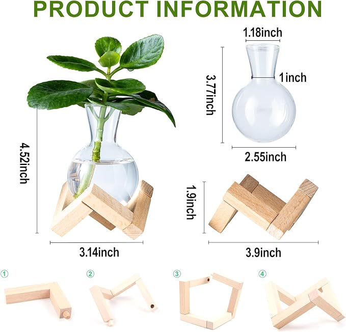 Propagation Stations, Propagation vases with Wooden Stand, Small Tabletop Glass Bulb Vases for Hydroponics Plant Propagation Station Home Office Decoration, Gift for Women Plant Lovers (2)