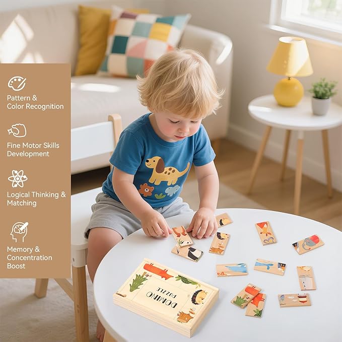 IEATFO 28 Pcs Wooden Domino Puzzle Set with Storage Box - Multicolor Plant, Animal and Landscape Designs - Montessori Toy with Nature-Themed Learning, Domino Game, Logic Puzzle and Building Blocks