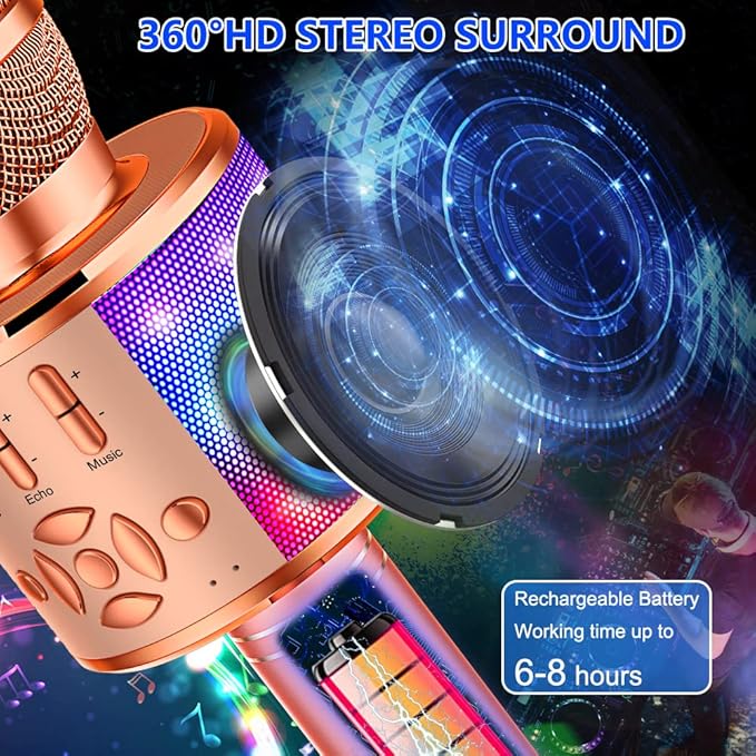 Amazmic Kids Karaoke Microphone Machine Toy Bluetooth Microphone Portable Wireless Karaoke Machine Handheld with LED Lights, Gift for Children Adults Birthday Party, Home KTV(Champagne)