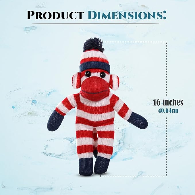 Plushland Adorable Sock Monkey, The Original Traditional Hand Knitted Stuffed Animal Toy Gift-for Kids, Babies, Teens, Girls and Boys Baby Doll Present Puppet (16'' red)