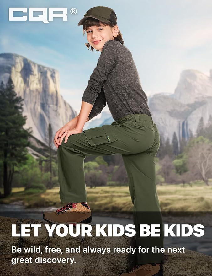 CQR Kids Boy’s Hiking Cargo Pants, Water Resistant UPF 50+ Quick Dry Youth Casual Outdoor Climbing Camping Trousers