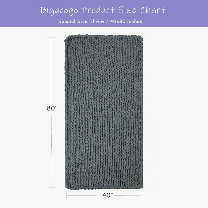 Bigacogo Chunky Knit Throw Blanket for Couch, 40x80 inches, Iron Gray | Hand Knit with Jumbo Chenille, Soft Breathable Cable Knit for Sofa Bed Living Room, Machine Washable, Gift for Mom Friend