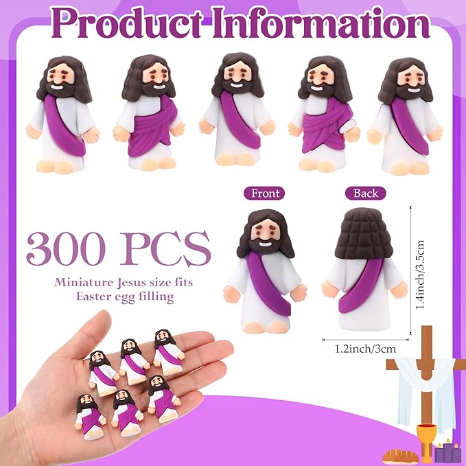 Bememo 300 Pcs Little Jesus Figures Bulk Original Design Mini Pocket Jesus Toys Rubber Figurine to Hide and Seek Religious Party Favors Sunday School Craft Baptism Gifts(Purple)
