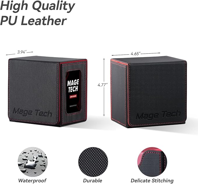 Mage Tech Card Deck Box for MTG Commander - Patented Design, Commander Display, Fits 100 Double-Sleeved Cards, 35pt Card Brick & Dice Tray - Black/Red