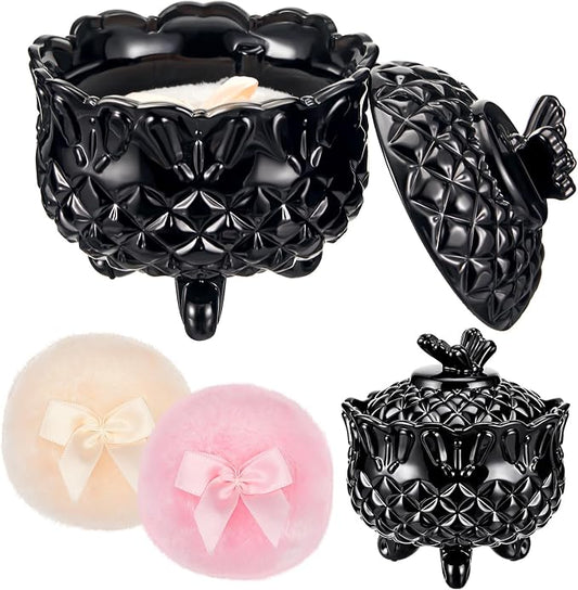 Tioncy 3 Pcs Large Body Powder Puff and Container Valentine's Day gift Powder Container with Puff Crystal Case Soft Washable Reusable Velour Face Body Glitter Wet Dry Makeup (Butterfly,Black)