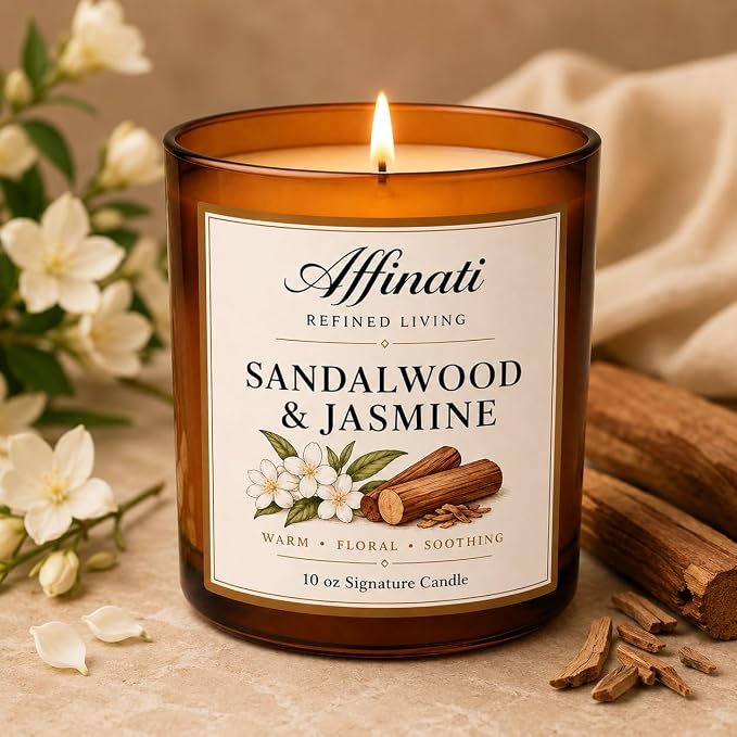 Affinati Sandalwood & Jasmine 10 oz Scented Candle – Long Lasting Luxury Soy Blend Candle for Home, Strong Scent Throw Rich Earthy Floral Aromatherapy Candles, Clean Burning Premium Gift