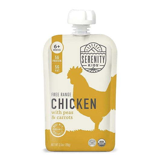 Serenity Kids 6+ Months Baby Food Pouches Puree Made With Ethically Sourced Meats & Organic Veggies | 3.5 Ounce BPA-Free Pouch | Free Range Chicken, Pea, Carrot | 1 Count