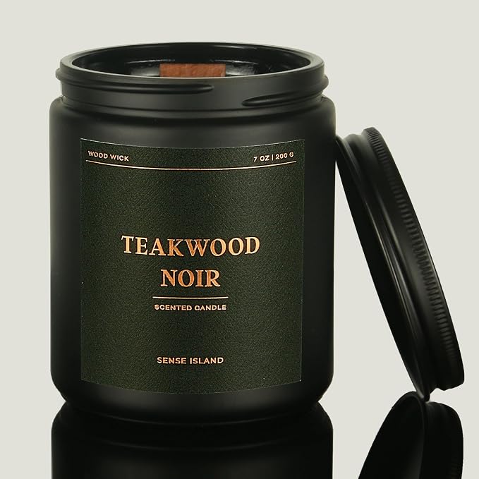 Teakwood Noir Crackling Wood Wick Candle, Mahogany Intense Masculine Scent, Luxury Black Jar Soy Candle with Crackle Wooden Wick