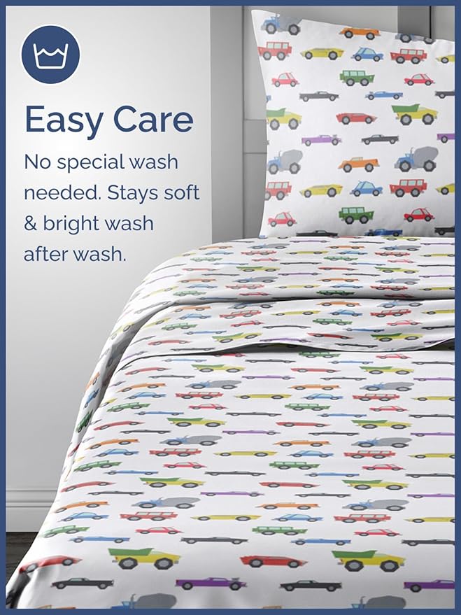 Kids Full Size Bed Sheet Set - 4 Piece Kids Loft Bed Sheets - Cars Cartoon Truck Themed Bedding - Soft, Cute - Breathable & Machine Washable - Cute Transport Bed Set for Boys, Girls, Teens & Toddlers