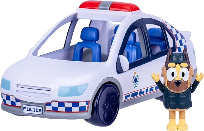 Bluey Police Car, Vehicle from The Special Episode The Sign. Includes Police Car with Flashing Lights & Sounds, Policeman Figure, and Themed Sticker Set. Batteries Included.