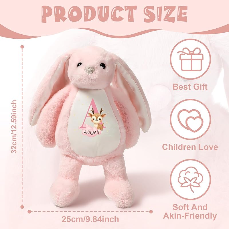 Bunny Stuffed Animal with Custom Name Initial - Personalized Plush Bunny for Newborn Boy Girl, Baby Shower Gifts, Wedding Flower Girl Gift, Easter Rabbit for Kids