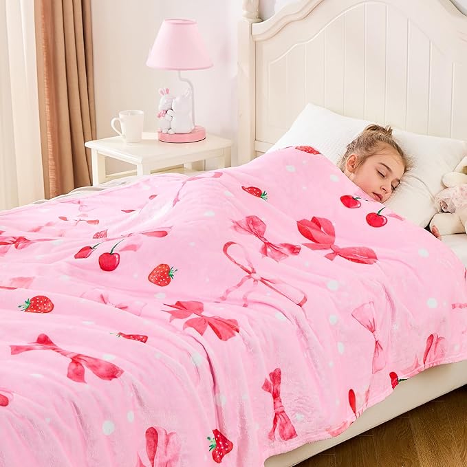 Wajade Strawberry Bow Gifts for Boys Girls - Strawberry Bow Blanket Birthday Christmas Decor for Kids Age 3 4 5 6 7 8 9 10 11 12 Years Old Teens Child Toddler Throw Light Grey 50"x60"