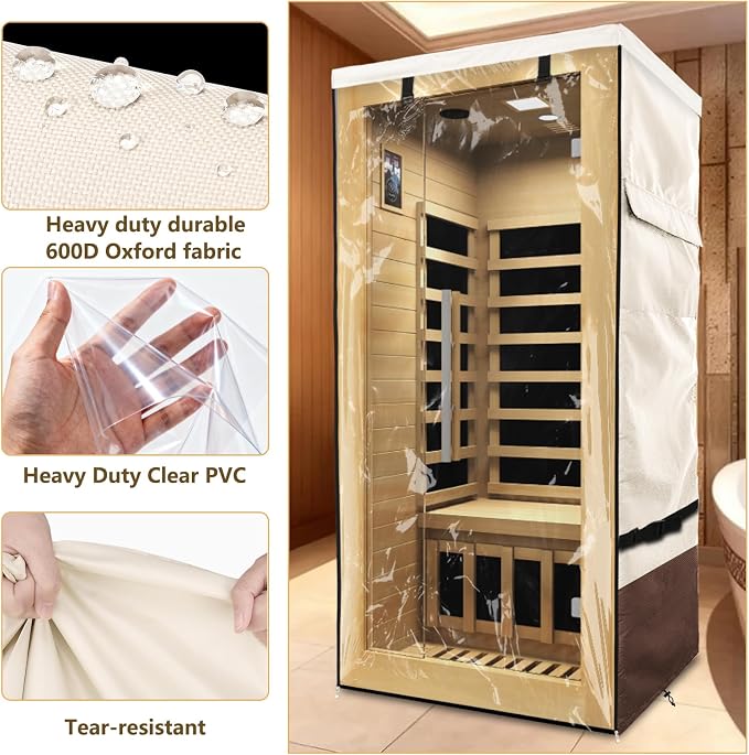 Outdoor Wood Sauna Cover,Sauna Covers with Separate Top Cover for Wood Home Spa Saunas,37" Lx29 Dx62 H with PVC Clear Door Design,Beige&Brown