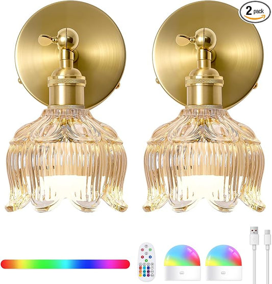 Vintage Battery Operated Wall Sconces: Set of 2 Rechargeable Wireless Decor | 5000mAh Cordless Dimmable Lights Remote Control, Antique Brass Powered Sconce, Cognac Flower Glass Light for Bedroom Bedside