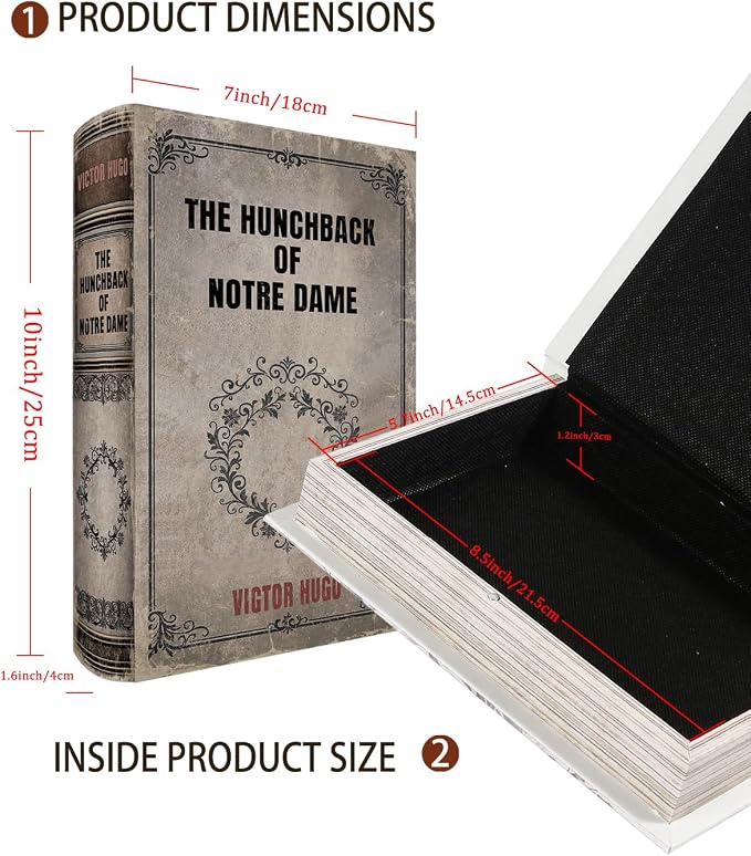 Vintage Faux Leather Decorative Book Box – Wooden Secret Storage Box with Magnetic Closure, Hidden Organizer for Bookshelf, Desk, or Office Decor (The Hunchback of Notre Dame)