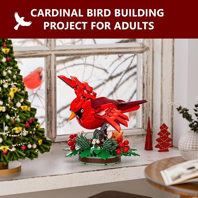 Northern Cardinal Building Block Set, Male Northern Cardinal Fly in Winterberry Plant Bush, Red Bird Figurine, Ideal for Home and Office Décor, Christmas Toy Gift for Kids, Adults