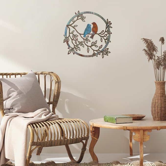 Ferraycle Metal Wall Art Bird on Tree Branch Silhouette Bird Hanging Ornament Porch Wall Decor for Living Room Outdoor Garden Bedroom Office Housewarming Party Decoration(Retro Color)