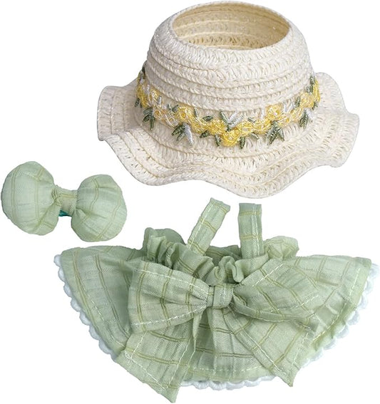 17 cm Doll Summer Outfit – Dress with Straw Hat & Matching Hair Clip – Clothes & Accessories for 6.7″ Dolls (Doll Not Included) (Green)