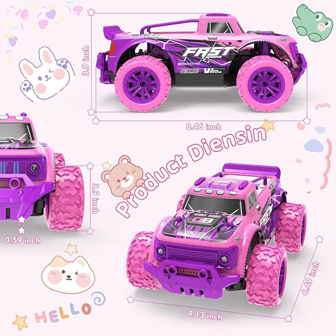 iDrone Remote Control Car for Girls: 1:20 Scale Pink Purple Rc Truck with LED Light and DIY Windmills - 20Km/h All Terrain Fast RC Cars, 2.4GHz Monster Truck Toys for Kids Gift