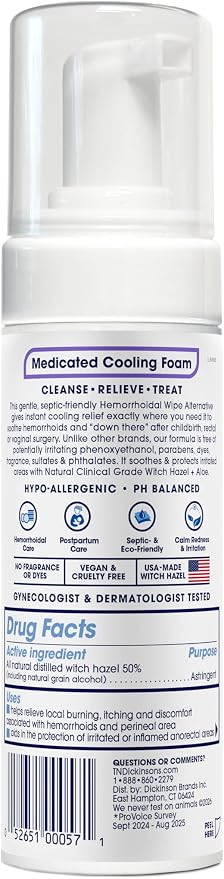 T.N. Dickinson's Medicated Cooling Foam with Witch Hazel | Hemorrhoid Treatment & Postpartum Relief | Feminine & Rectal Care | Aloe-Infused | 5 Fl Oz