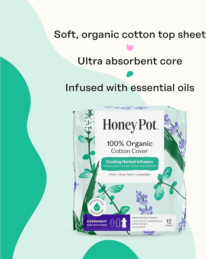 The Honey Pot Company - Herbal Pads for Women - Overnight w/Wings - Infused w/Essential Oils for Cooling Effect & Organic Cotton Cover - Feminine Care - 12 ct