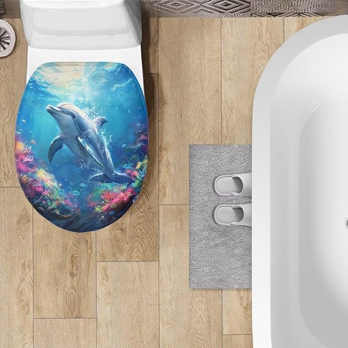 Dolphin Toilet Cover Set Blue Oblong Toilet Seat Cover Blue Toilet Seat Cover Cushioned Toilet Seat Toilet Lid Covers for Bathroom
