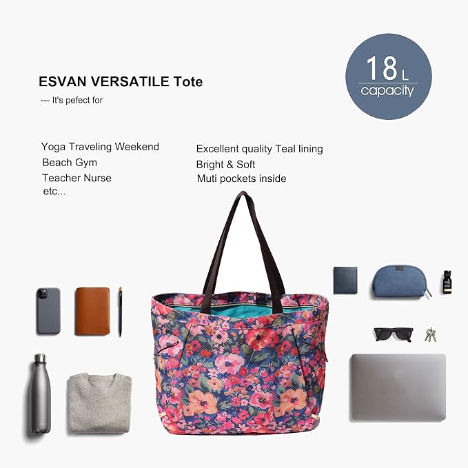 ESVAN Yoga Tote Bag for Women Drawstring Canvas Shoulder Bags for Workout Travel Carryall Pilates Gym and Beach